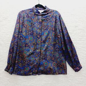 Pendleton Blouse Size 8 Blue Gold Paisley Boho Luxe Art Teacher Witchy Office